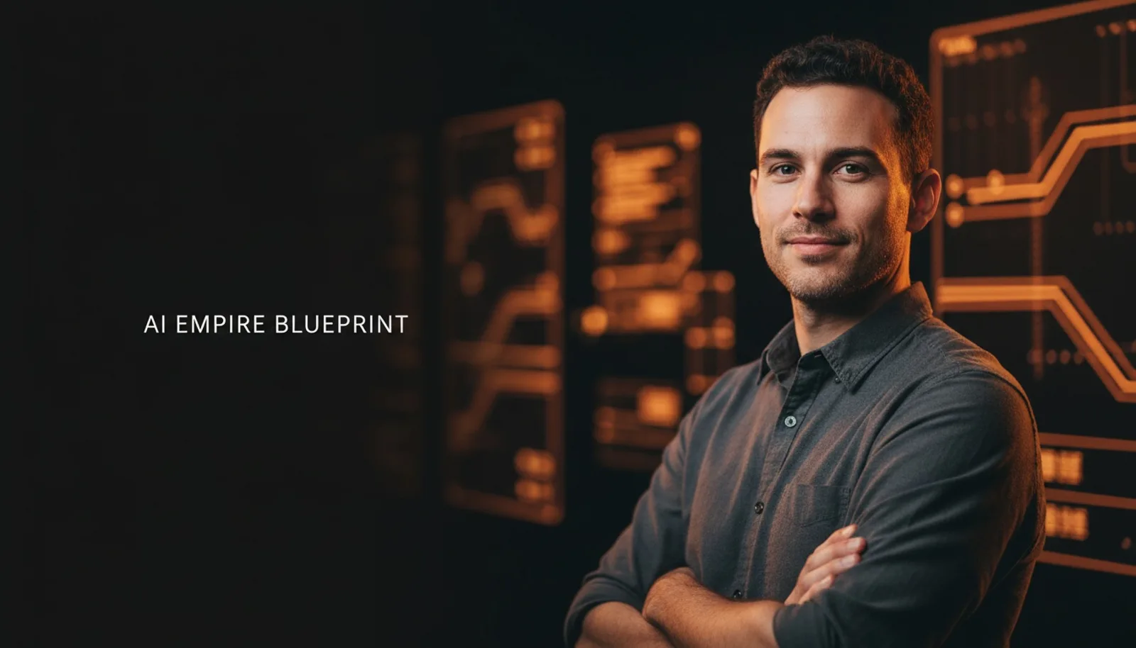 Jordan Hale in front of AI agent panels, AI Empire Blueprint