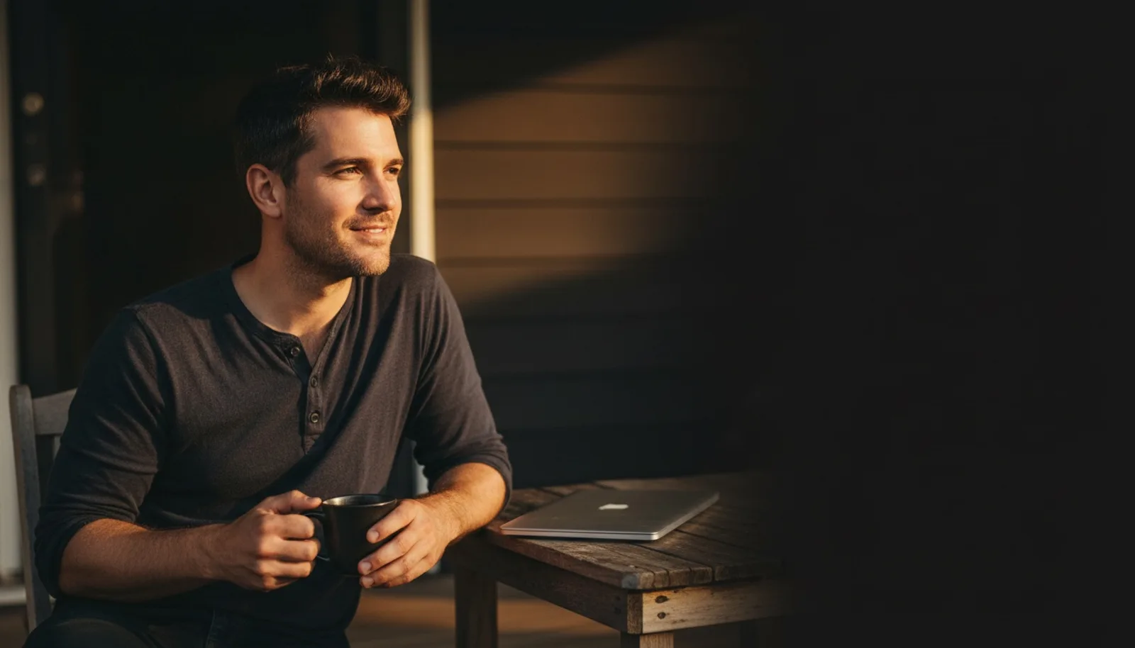 Jordan Hale off work at golden hour, coffee in hand