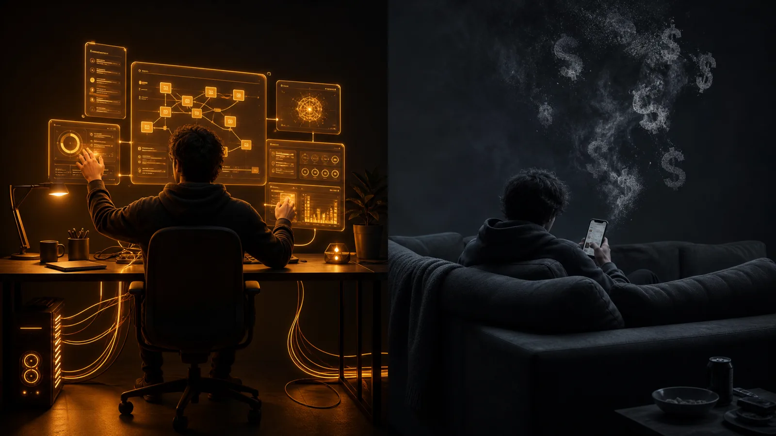 Split scene: a builder setting up AI agents versus someone waiting for money to appear